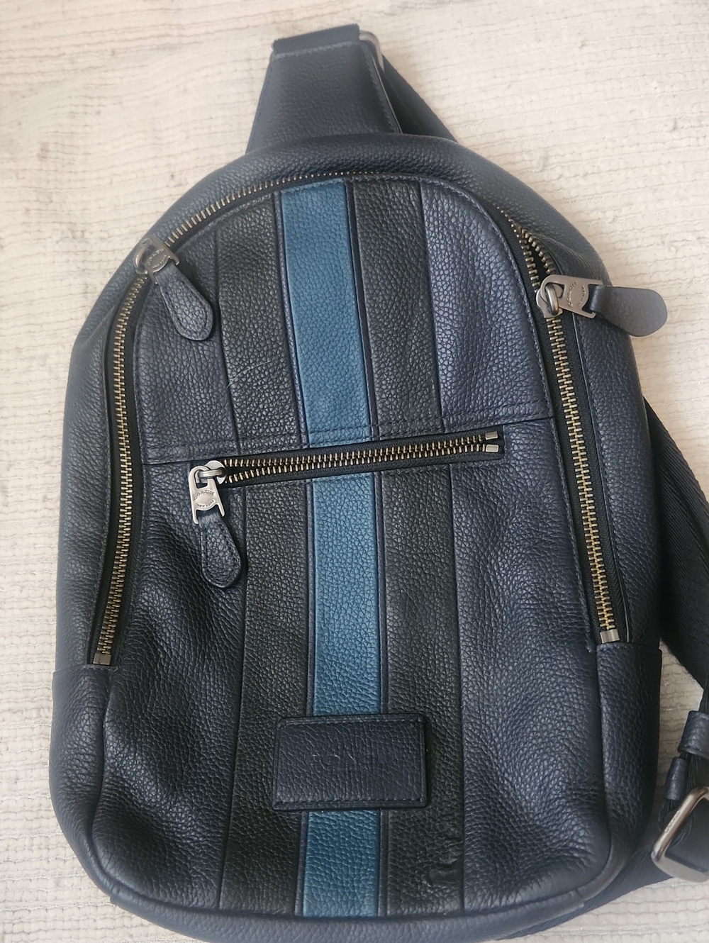 Coach Black Leather Sling Bag with Blue Stripe